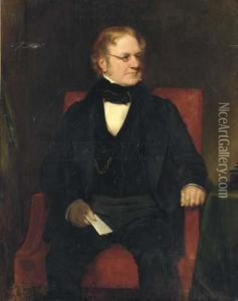 Portrait Of Thomas Richter, 
Three-quarter-length, Seated In A Blacksuit, With A Paper In His Right 
Hand Oil Painting - Henry William Pickersgill