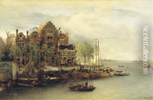 A Capriccio View Of A Dutch Riverside Town Oil Painting - Andreas Achenbach