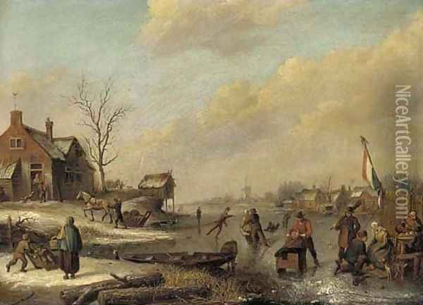 A frozen river with townsfolk skating and sledging Oil Painting - Andries Vermeulen