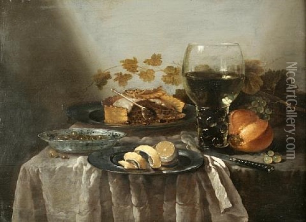 Still Life Of Fruit And A Glass Jar On A Table Oil Painting - Willem Claesz Heda