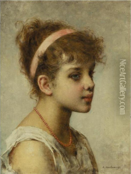 Girl With Pink Ribbon Oil Painting - Alexei Alexeivich Harlamoff