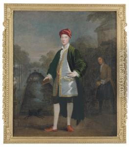 Portrait Of A Gentleman, 
Probably Richard Boyle, 3rd Earl Ofburlington And 4th Earl Of Cork 
(1694-1753), Full-length, With Hisgardener, James Scott, Before A 
Rectangular Pond In A Garden,probably Chiswick Oil Painting - William Aikman