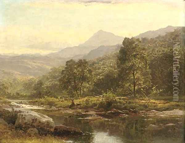An Island on the Llugwy, Capel Curig, with an angler Oil Painting - Benjamin Williams Leader