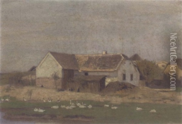Geese Before A Farmstead Oil Painting - Eugen Jettel