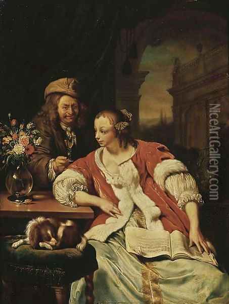 A man offering a glass of wine to an elegant young lady studying music in an interior Oil Painting - Frans van Mieris