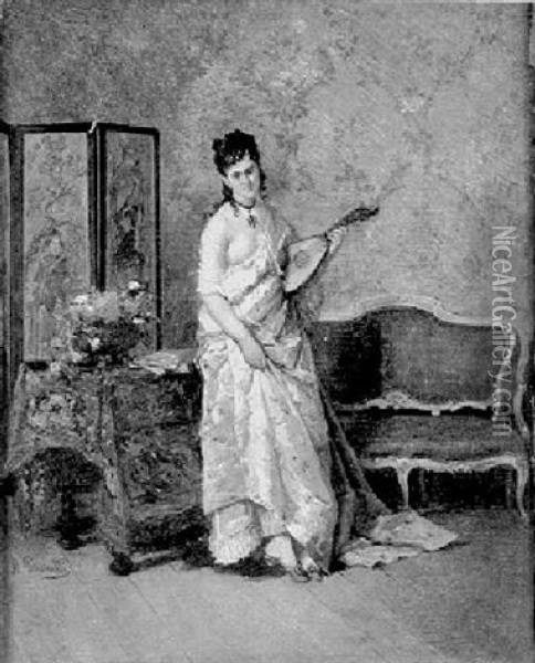 Lady With A Mandolin Oil Painting - Antonio Pascutti