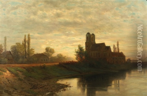 Sunset Over A Riverside Church With Figures Oil Painting - Lev Felixovich Lagorio