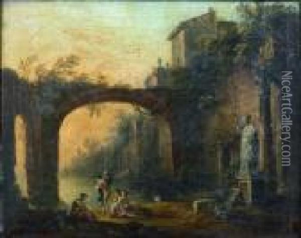 Baigneuses Sous Une Arche Et La Traversee Du Lac Par Un Bac Oil Painting - Jean-Baptiste Lallemand