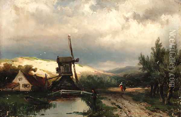Fishing by the canal Oil Painting - Johannes Hermann Barend Koekkoek