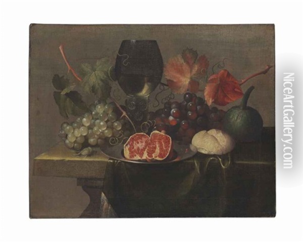 A Roemer, Grapes, A Gourd, Bread And A Pomegrante On A Pewter Plate On A Draped Table Oil Painting - Justus van Huysum the Elder