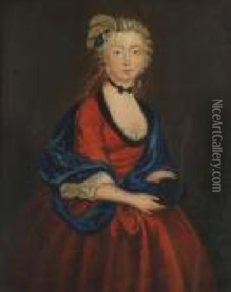 Portrait Of A Lady, Small 
Standing Three-quarter-length, In A Red Dress With A Blue Wrap, Holding A
 Mask Oil Painting - Antoine Pesne