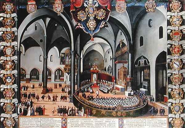 Organ door depicting the Council of Aquileia in 1596 at Udine Oil Painting - Pozzerrato, Lodovico