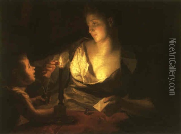 Woman Sealing A Letter By Candlelight With A Putto (?) Assisting Oil Painting - Jean-Baptiste Santerre