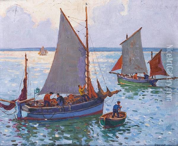 Fishing Boat With Tender Oil Painting - Charles David Jones Bryant
