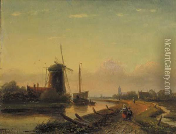 A Summer Landscape With Villagers Along A Canal At Dusk Oil Painting - Jan Jacob Coenraad Spohler