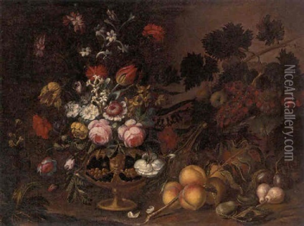 Roses, Carnations, Tulips, Narcissi And Other Flowers In An Urn, With Fruit In A Landscape Oil Painting - Gasparo Lopez