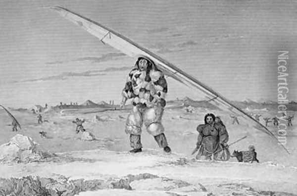 An Eskimaux of Igloolik wearing a bird-skin jacket carrying his canoe down to the water Oil Painting - Captain George Francis Lyon