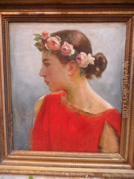 Jeune Pompeienne Couronnee De Roses Oil Painting - Luigi Bazzani
