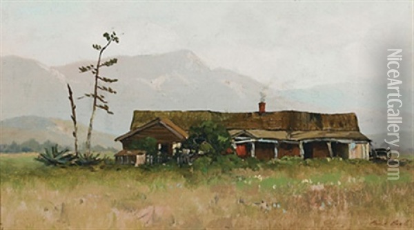 Landscape With A House, Mountains Beyond Oil Painting - Paul Peel