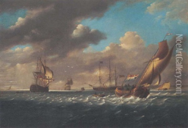 A Royal Naval First Rate Ship-of-the-line And A 22-gun Frigate Together With A Dutch Barge, A Pilot Cutter And Other Shipping In The Downs Oil Painting - Charles Martin Powell