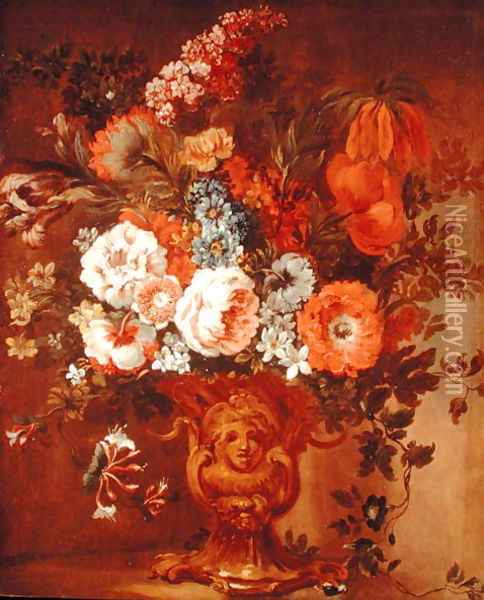 Roses, Poppies, Honeysuckle, Stock and Other Flowers in a Sculpted Vase Oil Painting - Gaspar Peeter The Elder Verbruggen
