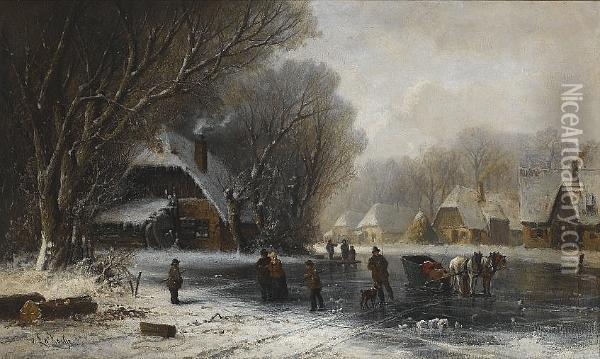 A Winter Scene With Figures Skating Oil Painting - Armand Laroche