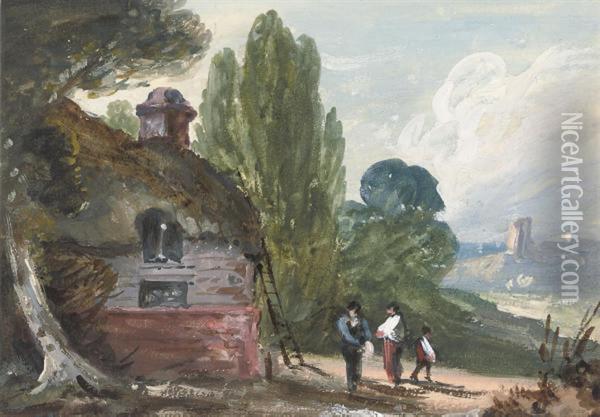 Figures By A Barn In A Landscape Oil Painting - George Howland Beaumont