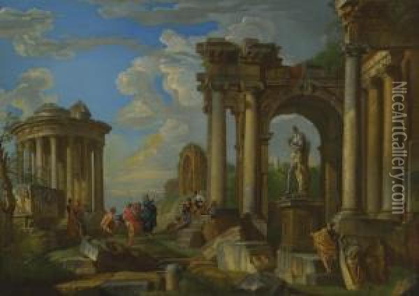 Roman Ruins With Classical Figures Oil Painting - Giovanni Niccolo Servandoni