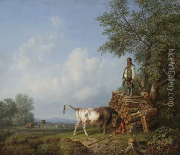 Stier Und Bauer Oil Painting - Heinrich Buerkel