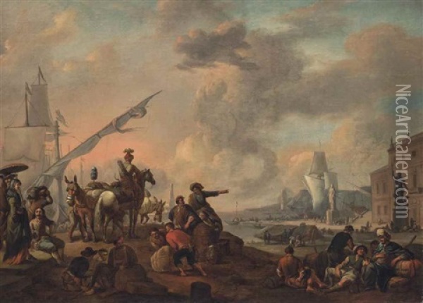 An Italianate Harbour With A Hunting Party And Workmen Unloading By The Docks Oil Painting - Johannes Lingelbach