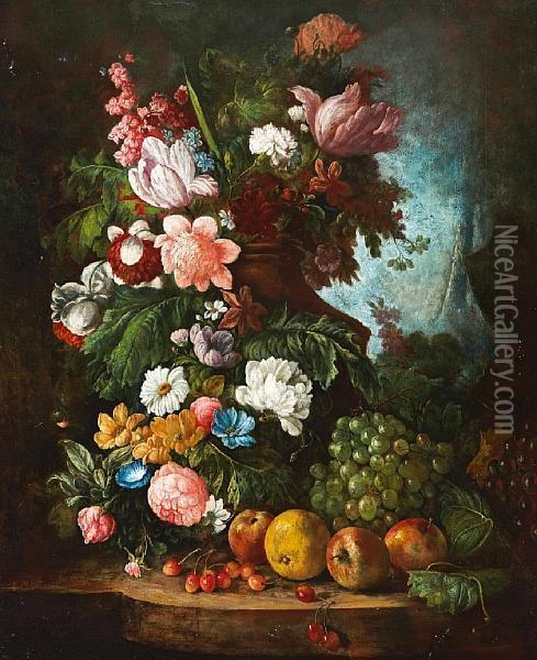 Tulips, Carnations, Peonies, 
Convolvulus And Other Flowers In A Stone Urn With Grapes, Apples And 
Other Fruit On A Stone Ledge, A Landscape Beyond. Oil Painting - Jan van Os