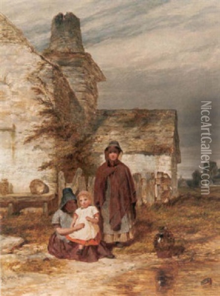 Kinder Vor Einem Englischen Cottage Oil Painting - Henry Dawson