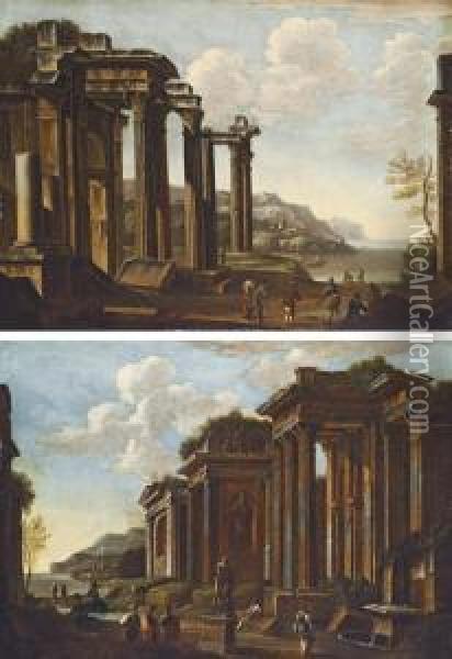 A Capriccio Of Classical Ruins 
Near The Coast, With Figures; And A Capriccio With Figures Amongst 
Classical Ruins Oil Painting - Nicolo Viviani Codazzi