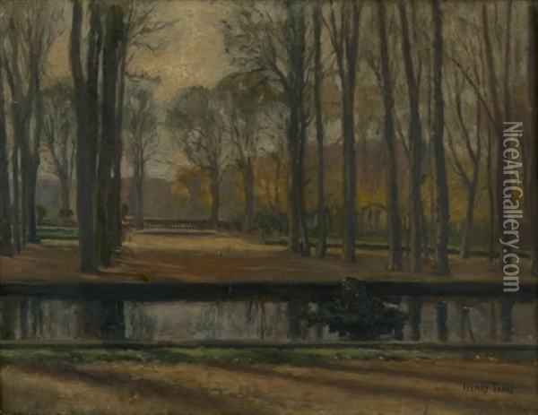 Herbst Im Park Von Fontainebleau (+ Dame Mit Rotem Sonnenschirm Auf Einer Wiese, Verso) Oil Painting - Charles Henry Tenre