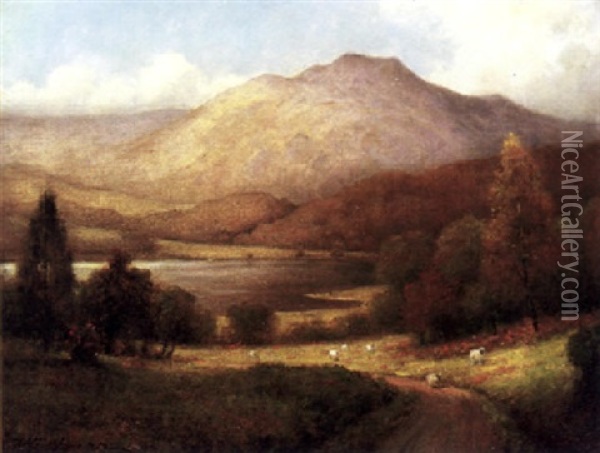 Sheep Along A Path In A River Valley Oil Painting - William Barr