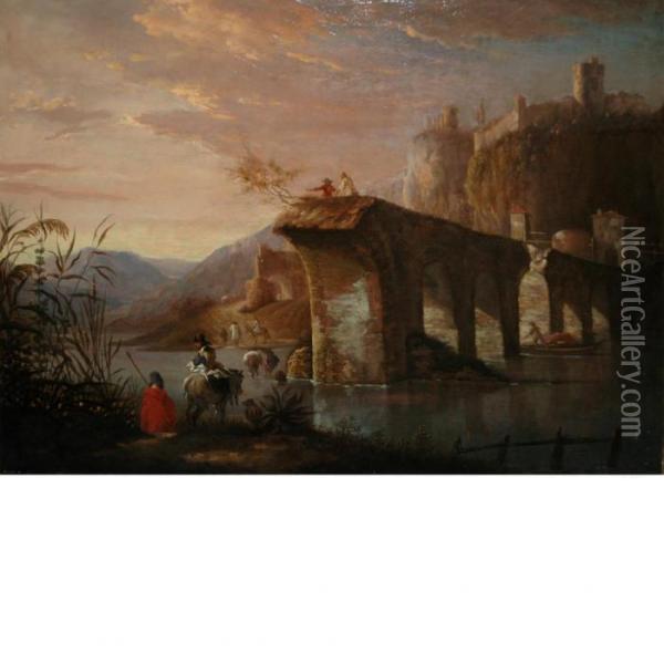 Italian Landscape With Figures Beforethe Ruins Of A Roman Bridge Oil Painting - Jan Both