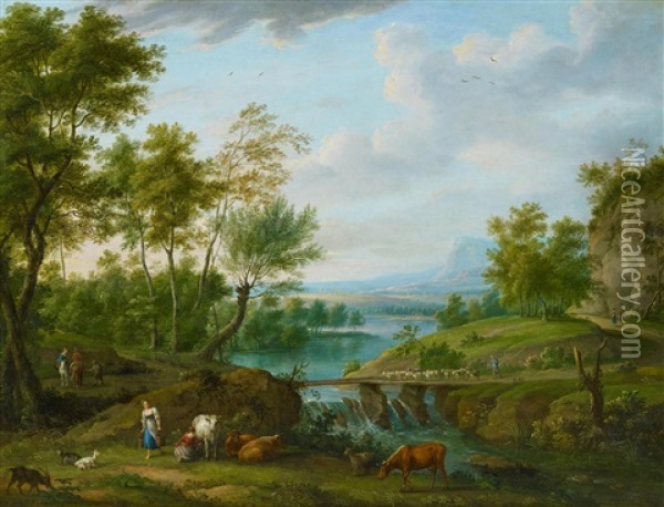 Weite Flusslandschaft Mit Reitern Und Hirten Mit Ihrem Vieh Oil Painting - Henri-Joseph Antonissen