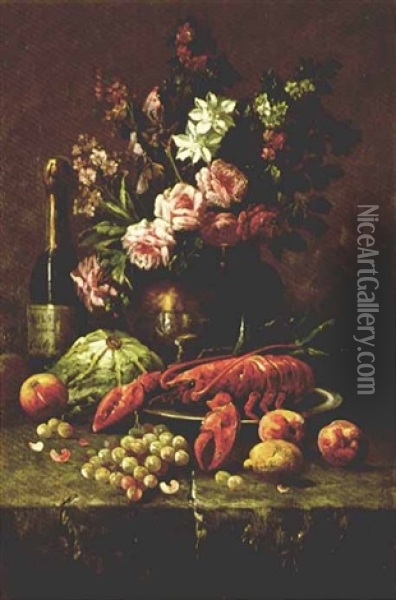 Nature Morte Aux Roses Et Au Homard Oil Painting - Modeste (Max) Carlier