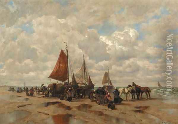 A beachscene with fisherfolk sorting the catch Oil Painting - Desire Thomassin