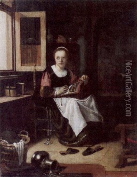 Stickende Junge Frau In Einem Interieur Am Offenen Fenster Oil Painting - Adriaen van Gaesbeeck