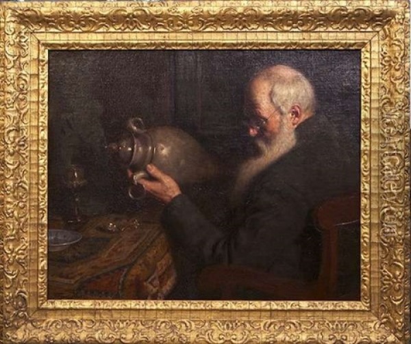 Study Of An Old Antique Dealer Examining A Pewter Vase, Seated At A Table Oil Painting - Franz Hecker