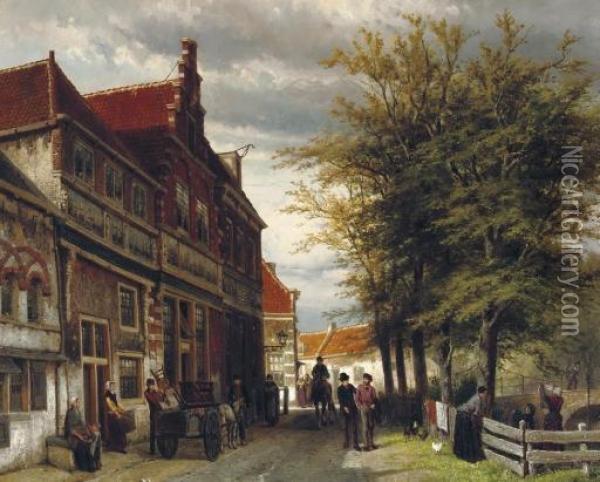 Huizen Van Bossu Te Hoorn: A Busy Day At The Slapershaven Oil Painting - Cornelis Springer