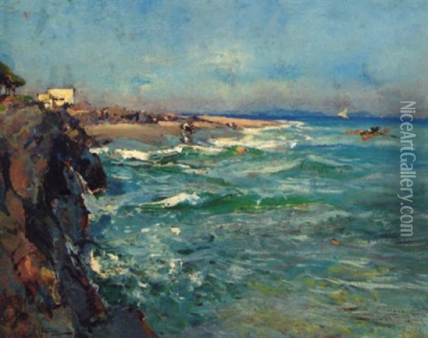 An Italian Coastline Oil Painting - Giuseppe Casciaro