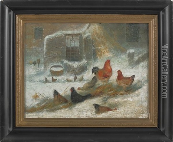 Winter Barn Scene With Rooster Oil Painting - Christopher H. Shearer