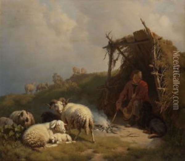 Ein Hirt' Mit Ruhenden Schafen Oil Painting - Robert Eberle