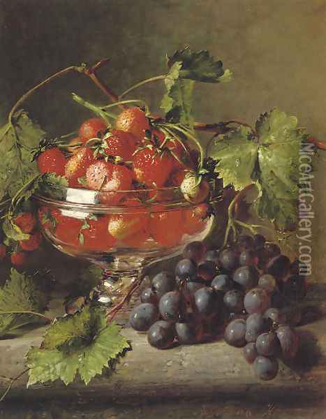 Strawberries in a glass bowl with grapes on a ledge Oil Painting - Adriana-Johanna Haanen