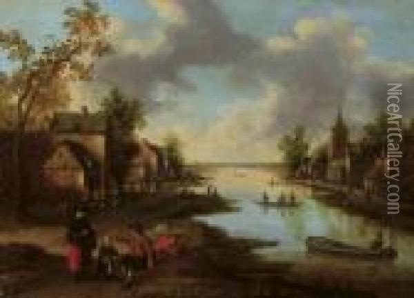 A River Landscape With Figures Outside An Inn And Fishermen In Boats Oil Painting - Joost Cornelisz. Droochsloot
