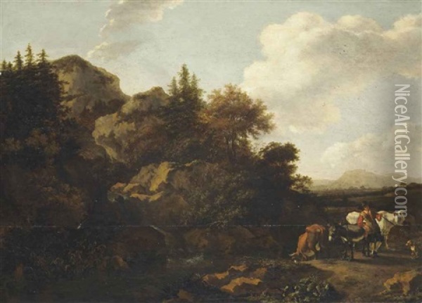 A Mountainous Wooded River Landscape With A Drover And His Herd Oil Painting - Abraham Jansz. Begeyn