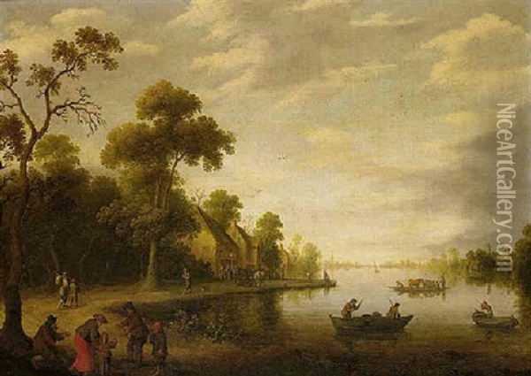 A River Landscape With Fishermen, Beggars On A Track And A Horse Drawn Cart Stopped Outside, An Inn Beyond Oil Painting - Joost Cornelisz. Droochsloot