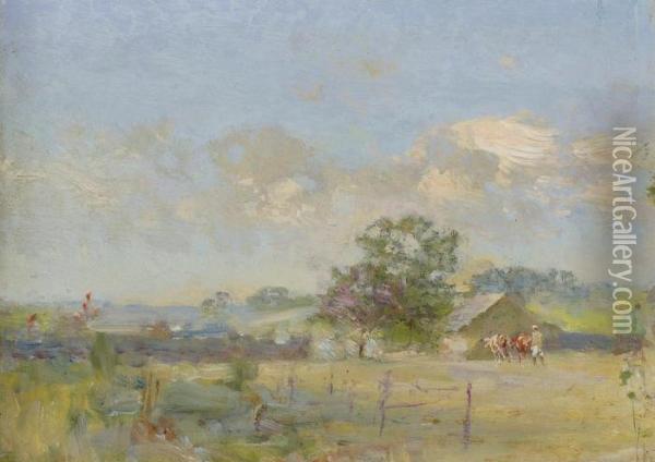 A Summer Landscape With Cows Oil Painting - Ivan Pavlovich Pokhitonov